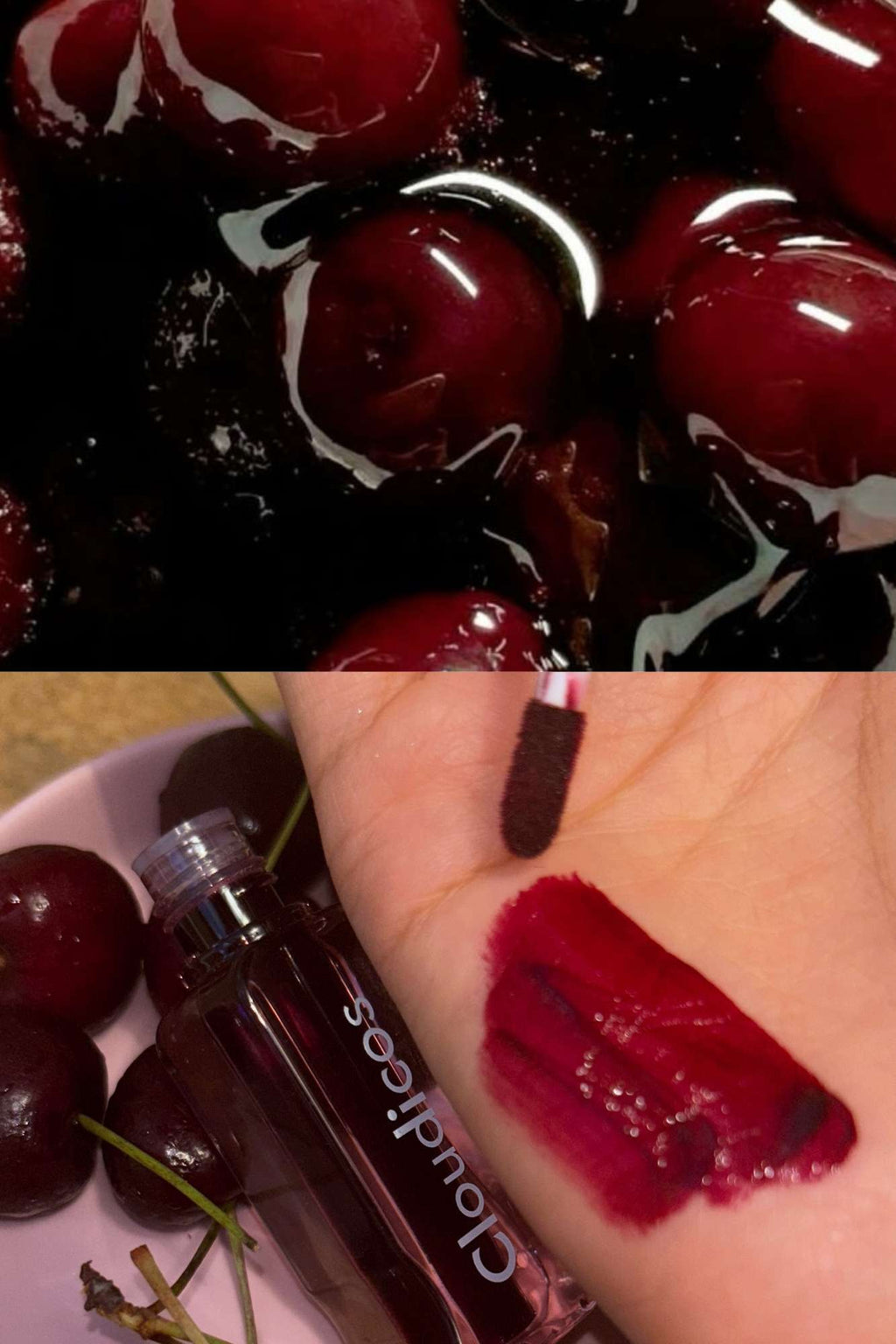 dark black cherry lip tint on hand